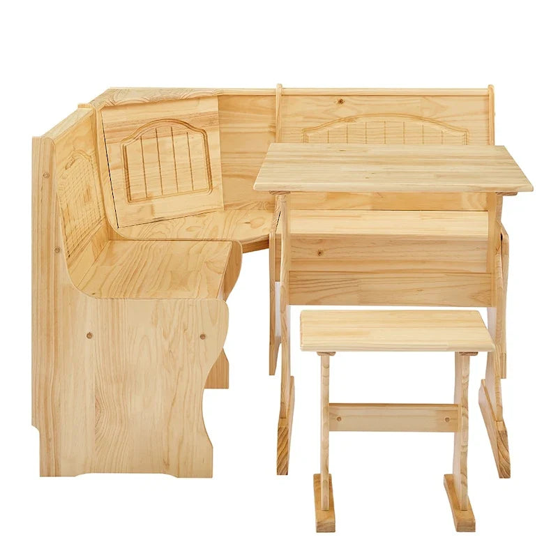 MUSEHOMEINC Set da Pranzo ad Angolo Nook in Stile Tradizionale a 3 Pezzi in Legno Massello con Panca Laterale, Set Tavolo Angolare con Contenitore Nascosto