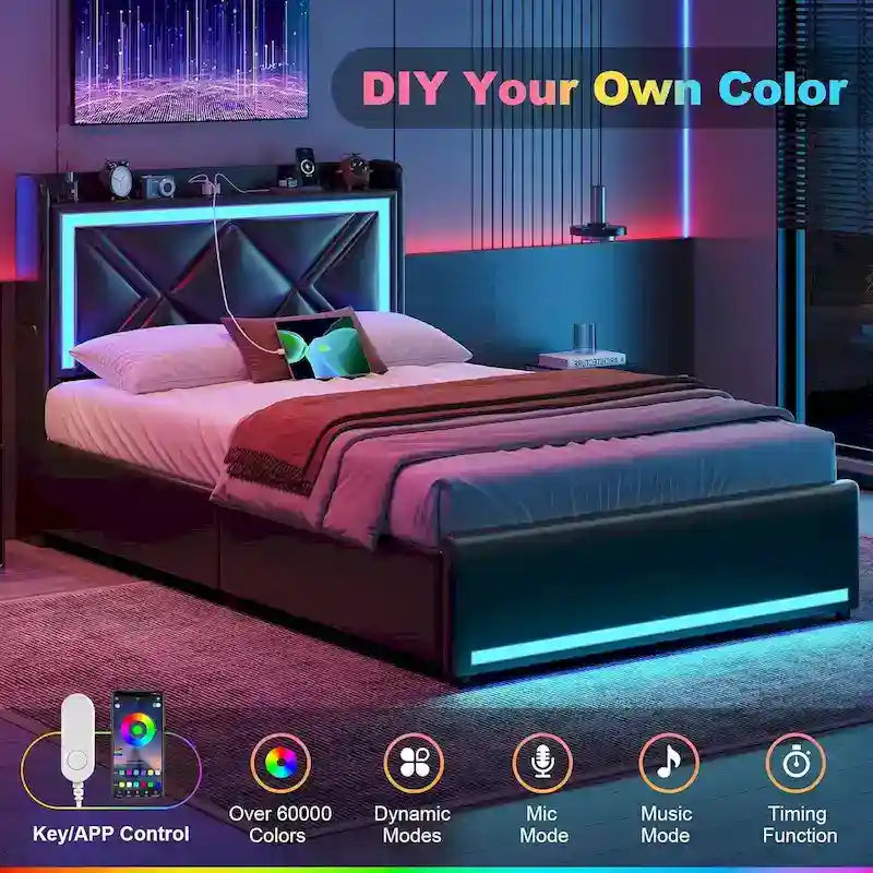 Struttura letto con luci LED per testiera e stazione di ricarica USB-C/A, 4 cassetti
