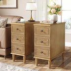 Fully Assembled Narrow End Table, Solid Wood Side Table with 3 Drawers, Vintage Nightstand Slim Bedside Table for Small Spaces