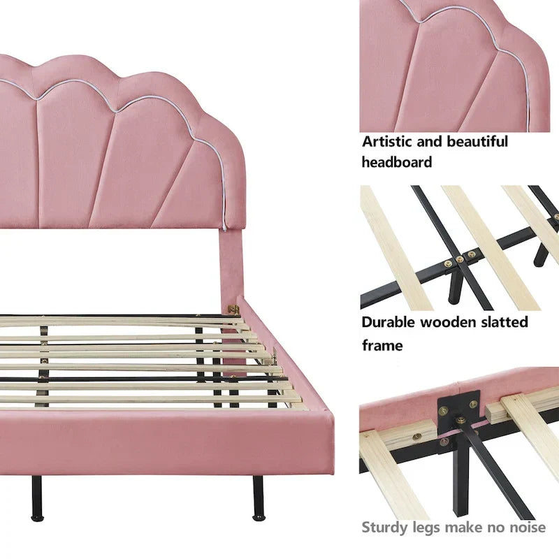 Comodino a 2 Pezzi Letto a Piattaforma Matrimoniale a LED con Pouf Contenitore