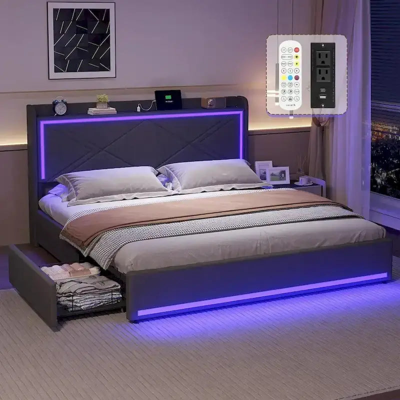 Struttura letto con luci LED per testiera e stazione di ricarica USB-C/A, 4 cassetti