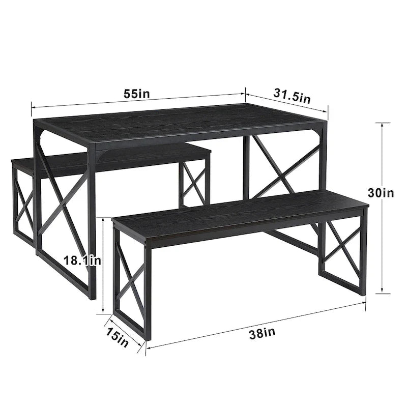 VECELO Tavolo da Pranzo 3 Pezzi con Panca, Set Tavolo da Pranzo per 4-6 Posti, Tavolo da Cucina con 2 Panche, Set Tavolo da Pranzo