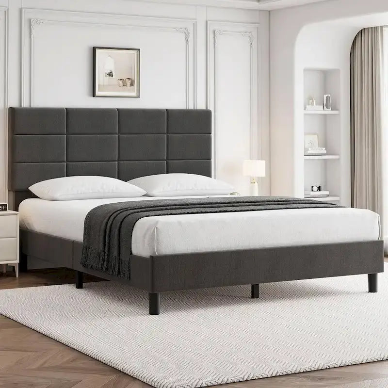 Struttura letto imbottita in lino con supporto a doghe in legno