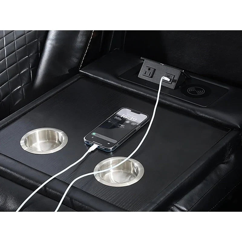 Divano Reclinabile Elettrico con Caricatore Wireless, Luce da Lettura per Soggiorno, Luce LED in Similpelle, Porta AC/USB, Portabicchieri, Nero