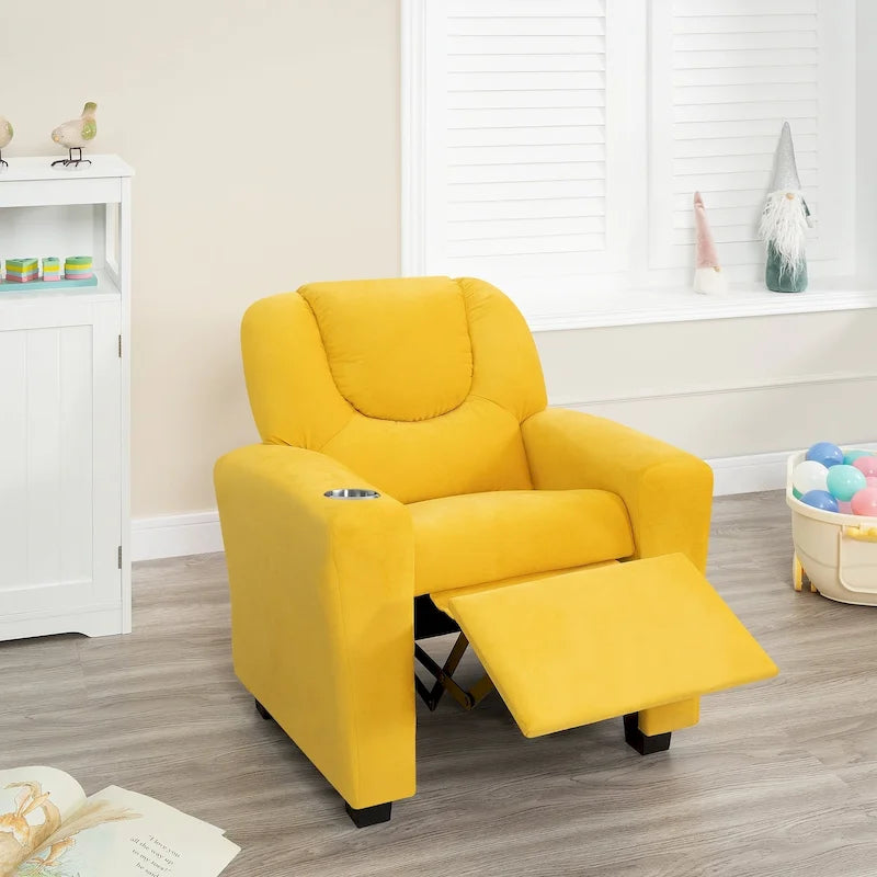 Poltrona Reclinabile per Bambini in PVC con Funzione Reclinabile a Spinta, Portabicchieri e Comodo Poggiapiedi