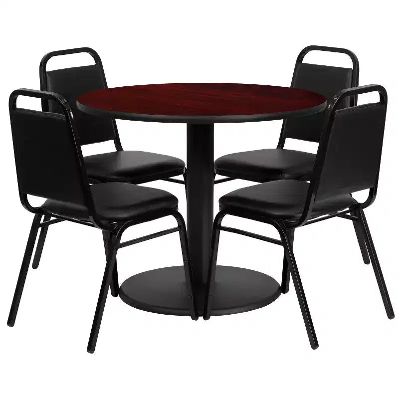 Flash Furniture 36'' Round Laminate Table Set with Round Base and 4 Trapezoidal Back Banquet Chairs