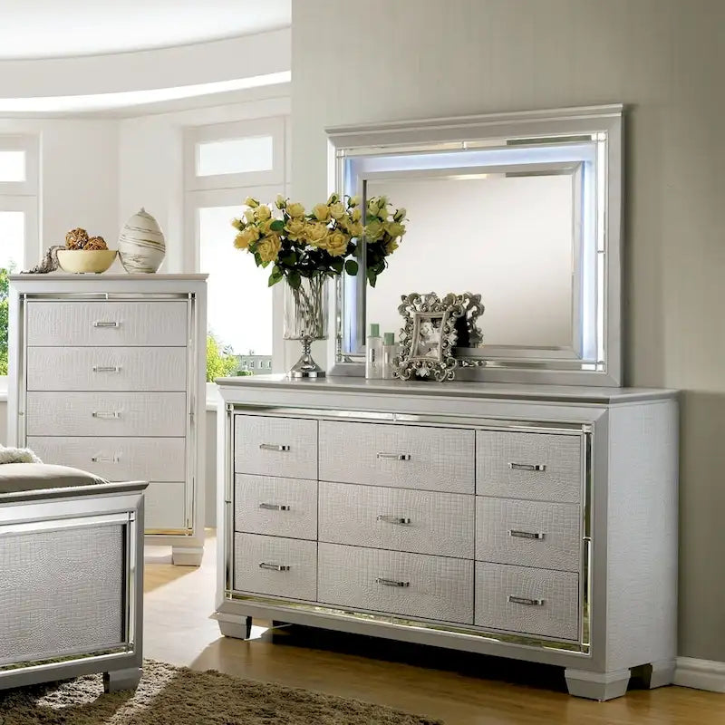 Cassettiera e Specchio 2 pezzi con 9 cassetti in Legno Contemporaneo Ruff Crocodile di Furniture of America