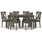 7 Piece Dining Table Set, Lattice Back Chairs, Dark Gray Wood, Polyester
