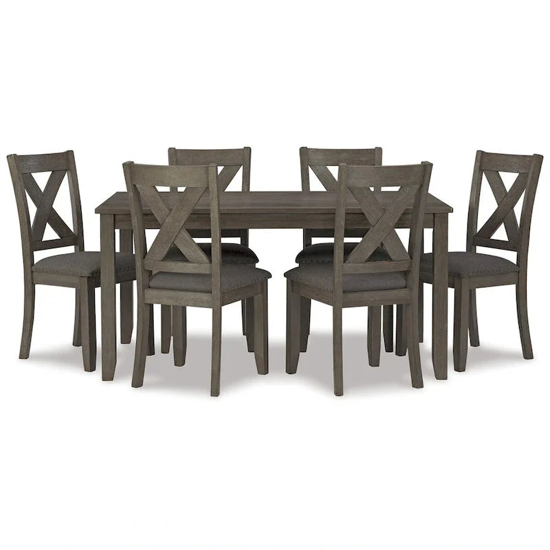 Set da 7 pezzi da tavolo da pranzo, Sedie con schienale a reticolo, Legno grigio scuro, Poliestere