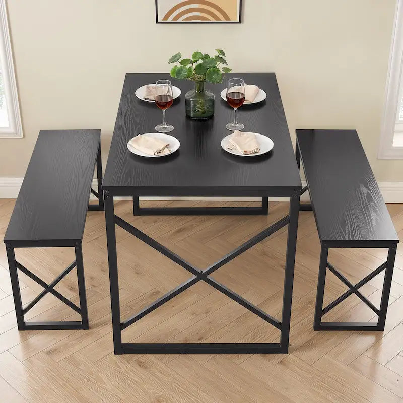 VECELO Tavolo da Pranzo 3 Pezzi con Panca, Set Tavolo da Pranzo per 4-6 Posti, Tavolo da Cucina con 2 Panche, Set Tavolo da Pranzo