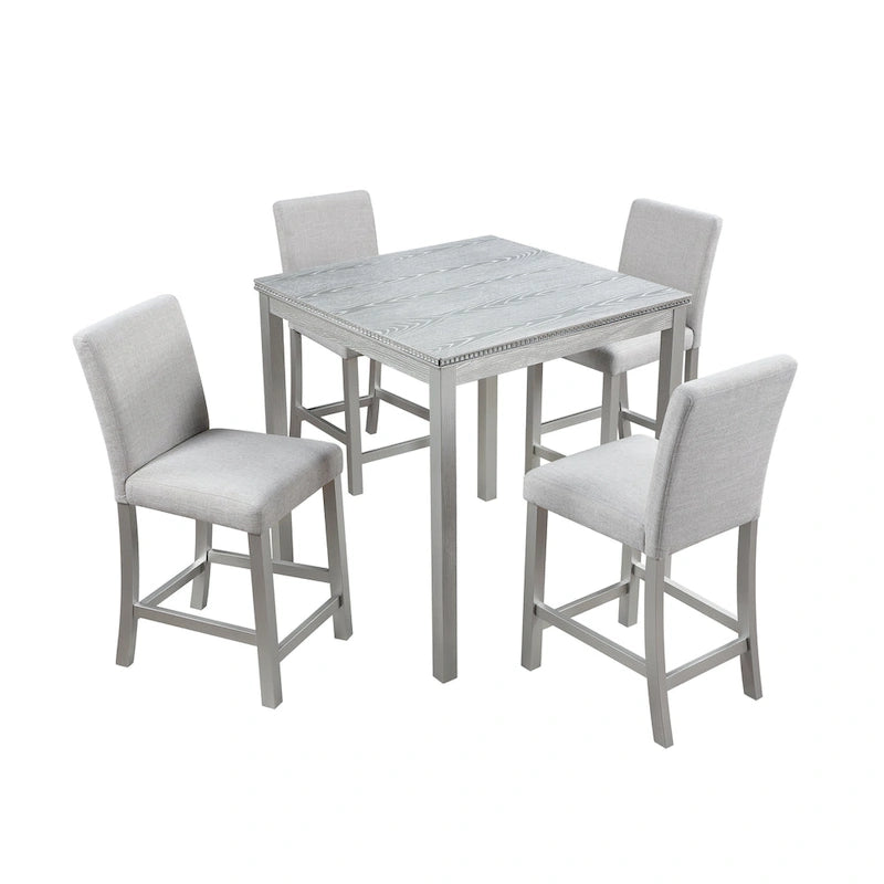 Set da pranzo moderno di 5 pezzi con tavolo quadrato ad altezza bancone e 4 sedie imbottite