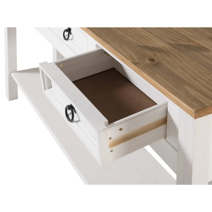 Tavolo Consolle Rustico in Pino Massiccio per Ingresso, Bianco Decapato / Marrone Antico / Grigio Decapato / Non Verniciato, 3 Cassetti