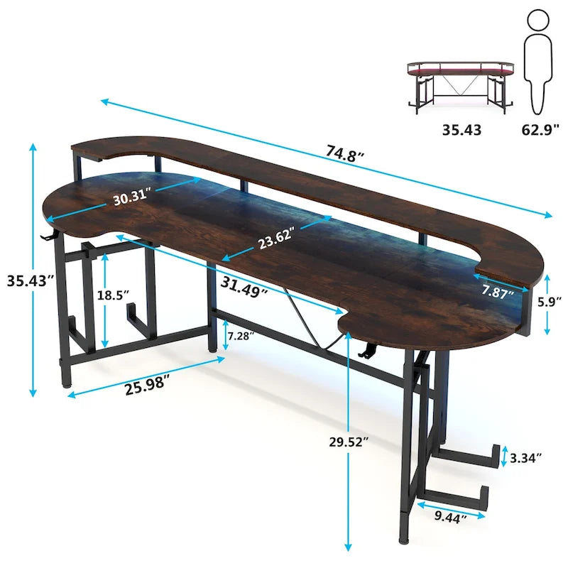 Gaming Desk with Monitor Shelf, 75 inch PC Computer Desk with LED Strip