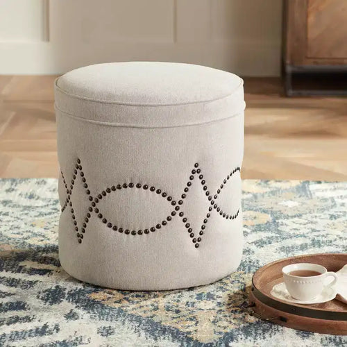 55 Downing Street Iriza Oatmeal Nailhead Round Ottoman