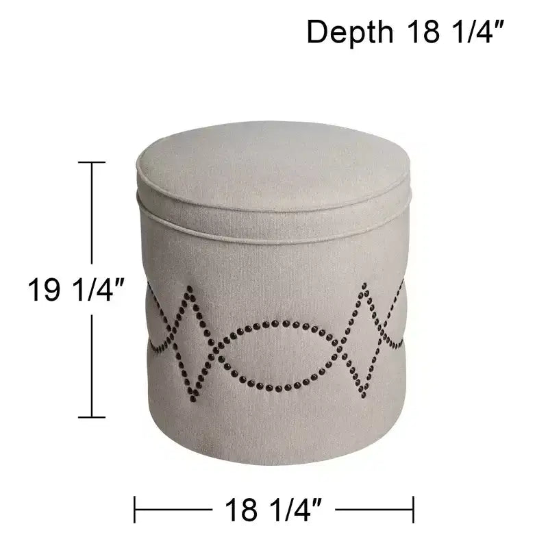 55 Downing Street Iriza Oatmeal Nailhead Round Ottoman