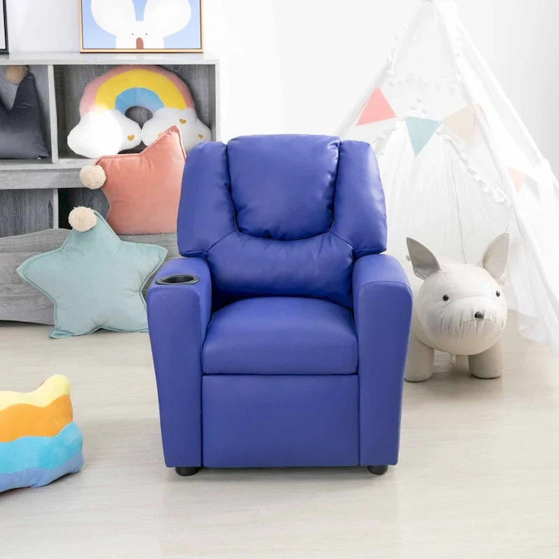Poltrona Reclinabile per Bambini in PVC con Funzione Reclinabile a Spinta, Portabicchieri e Comodo Poggiapiedi