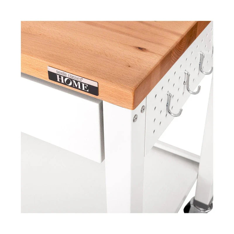 HOME Isola da Lavoro per Cucina con Piano in Legno Massello, 122 L x 61 P x 91 A cm, Bianco