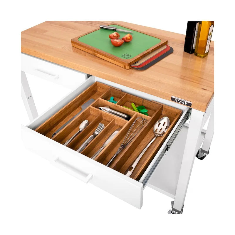 HOME Isola da Lavoro per Cucina con Piano in Legno Massello, 122 L x 61 P x 91 A cm, Bianco