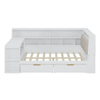 L-shaped Wooden Sofa Daybed with Desk, Bookcase Cabinet, Corner Bed with Under-bed Drawers, Upholstered Headboard Built-in Light