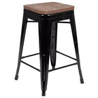 Flash Furniture 24 High Metal Counter-Height, Indoor Bar Stool with Wood Seat - Stackable Set of 4