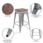 Flash Furniture 24 High Metal Counter-Height, Indoor Bar Stool with Wood Seat - Stackable Set of 4
