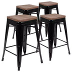 Flash Furniture 24 High Metal Counter-Height, Indoor Bar Stool with Wood Seat - Stackable Set of 4