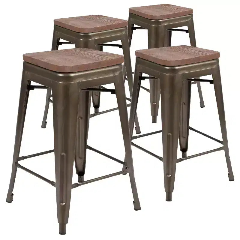Flash Furniture 24 High Metal Counter-Height, Indoor Bar Stool with Wood Seat - Stackable Set of 4