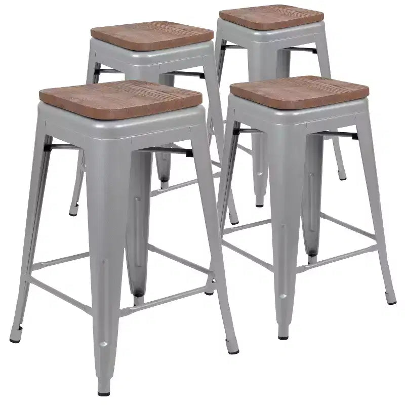 Flash Furniture 24 High Metal Counter-Height, Indoor Bar Stool with Wood Seat - Stackable Set of 4