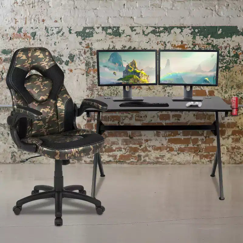 Flash Furniture Gaming Desk and Racing Chair Set with Cup Holder, Headphone Hook & 2 Wire Management Holes