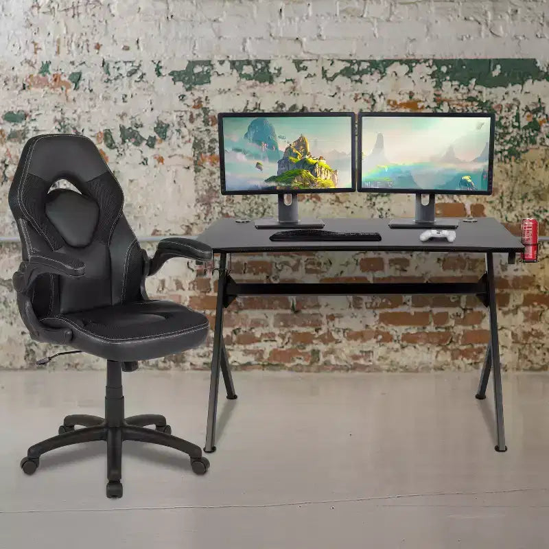 Flash Furniture Gaming Desk and Racing Chair Set with Cup Holder, Headphone Hook & 2 Wire Management Holes