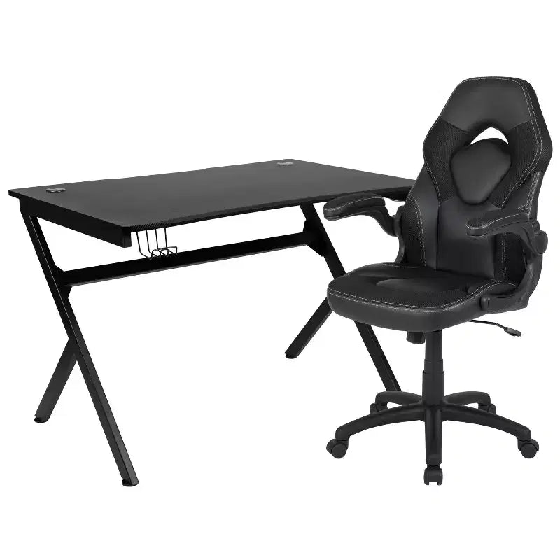 Flash Furniture Gaming Desk and Racing Chair Set with Cup Holder, Headphone Hook & 2 Wire Management Holes