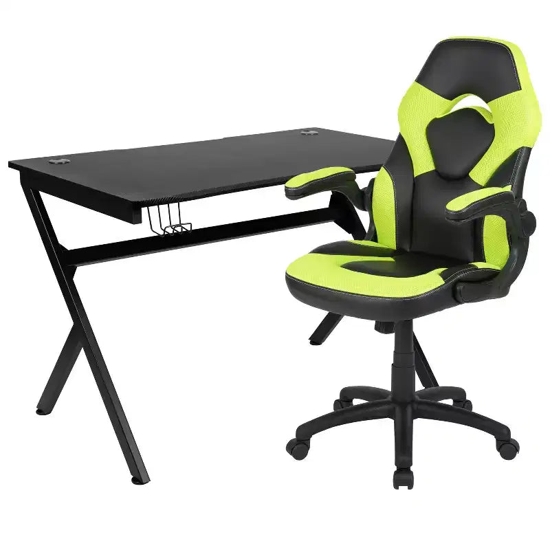Flash Furniture Gaming Desk and Racing Chair Set with Cup Holder, Headphone Hook & 2 Wire Management Holes