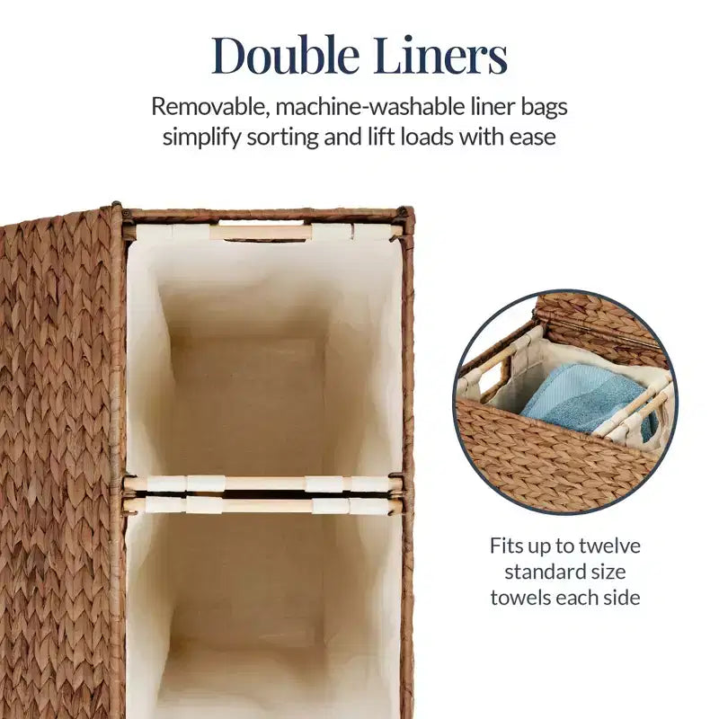 Best Choice Products Large Natural Water Hyacinth Double Laundry Hamper Basket w/ 2 Liner Bags, Handles
