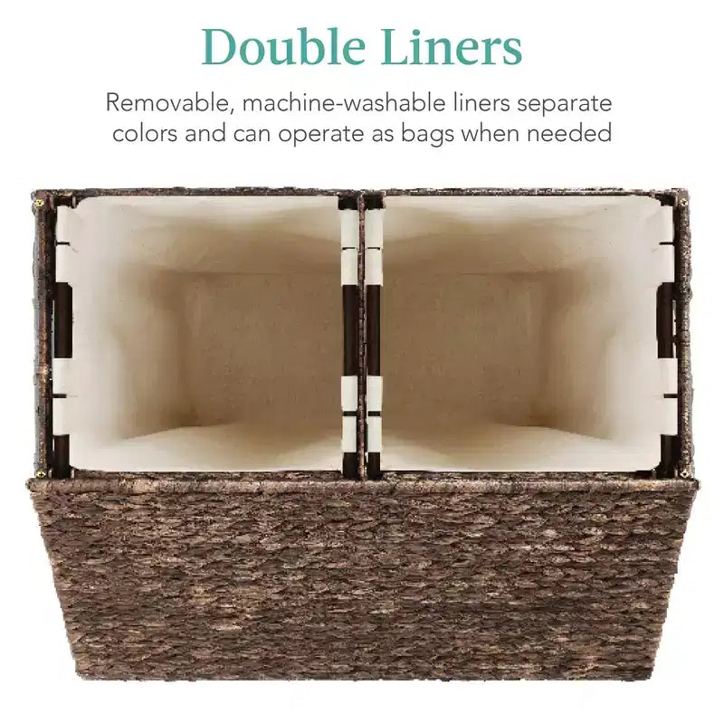 Best Choice Products Large Natural Water Hyacinth Double Laundry Hamper Basket w/ 2 Liner Bags, Handles