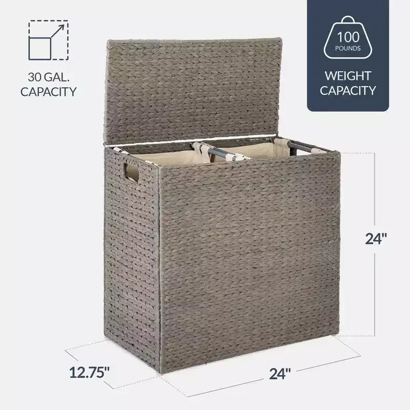 Best Choice Products Large Natural Water Hyacinth Double Laundry Hamper Basket w/ 2 Liner Bags, Handles