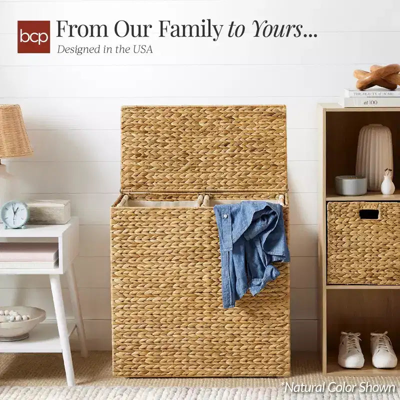 Best Choice Products Large Natural Water Hyacinth Double Laundry Hamper Basket w/ 2 Liner Bags, Handles