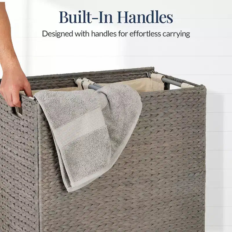 Best Choice Products Large Natural Water Hyacinth Double Laundry Hamper Basket w/ 2 Liner Bags, Handles