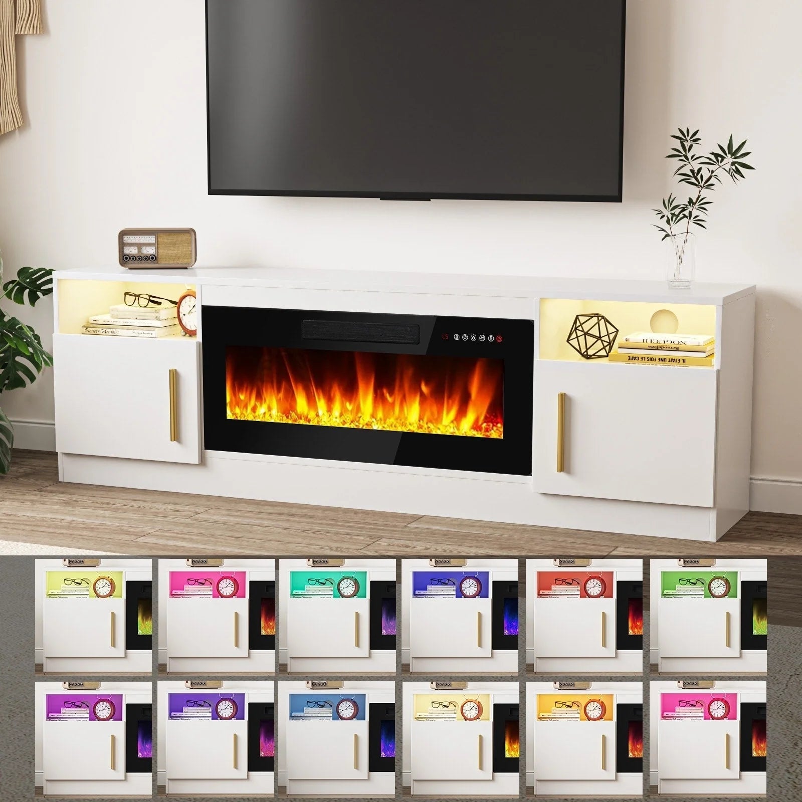 Mobile TV Bossin 70" con caminetto elettrico 36", Mobile TV per televisori fino a 80", 16 colori LED/Centro di intrattenimento