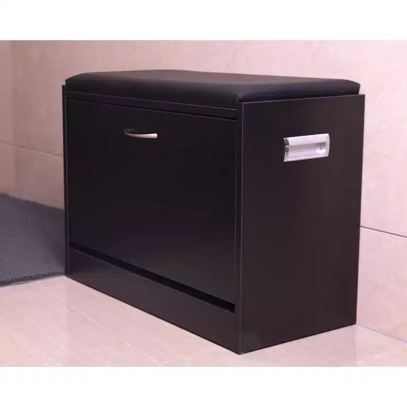 Basicwise Shoe Storage Bench with Leather Cushion  Classic Black Wooden Entryway, Fold-Out Hidden Double Shoe Rack, Easy Assembly, Comfortable Seat