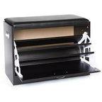 Basicwise Shoe Storage Bench with Leather Cushion  Classic Black Wooden Entryway, Fold-Out Hidden Double Shoe Rack, Easy Assembly, Comfortable Seat
