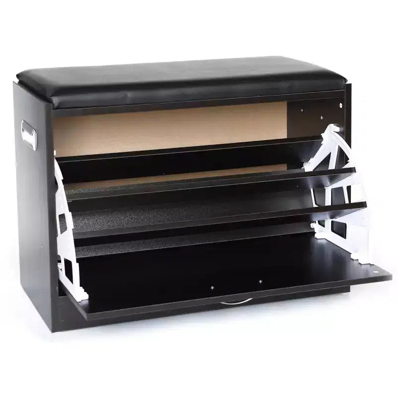 Basicwise Shoe Storage Bench with Leather Cushion  Classic Black Wooden Entryway, Fold-Out Hidden Double Shoe Rack, Easy Assembly, Comfortable Seat