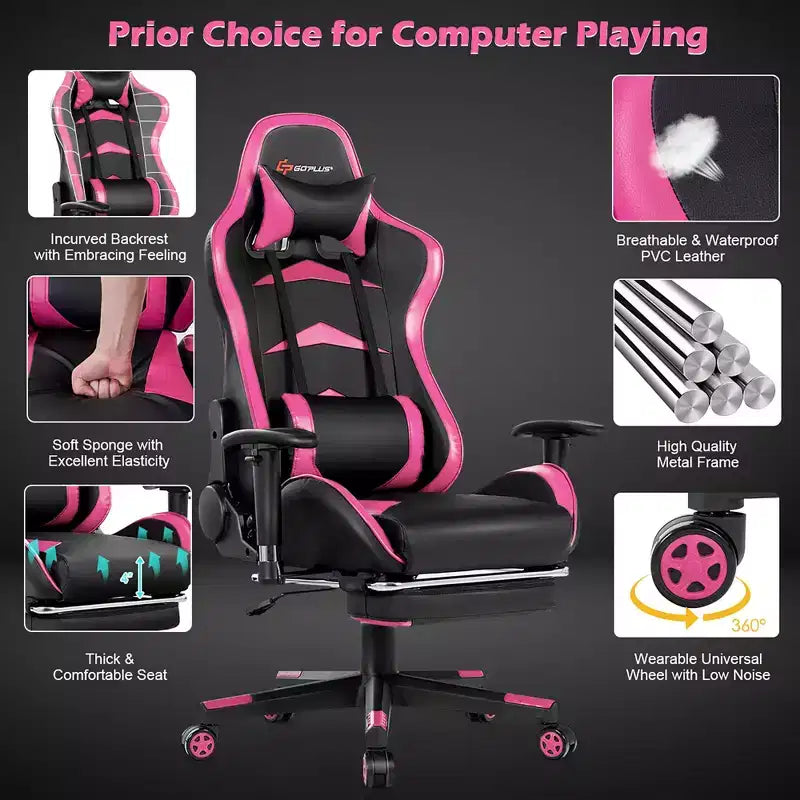 Sedia da ufficio gaming massaggiante reclinabile girevole da corsa Costway con poggiapiedi