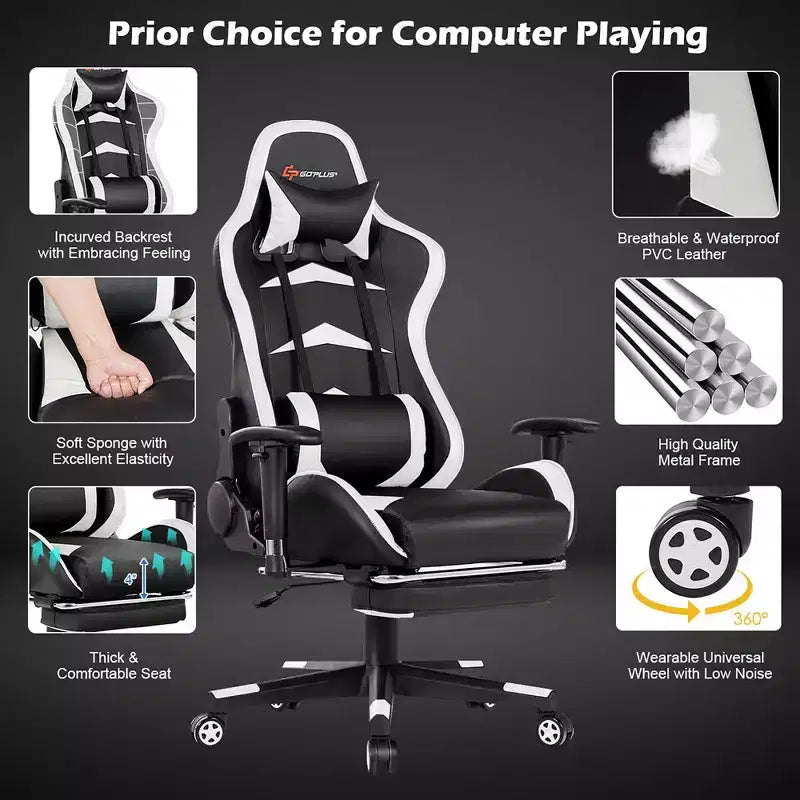 Sedia da ufficio gaming massaggiante reclinabile girevole da corsa Costway con poggiapiedi