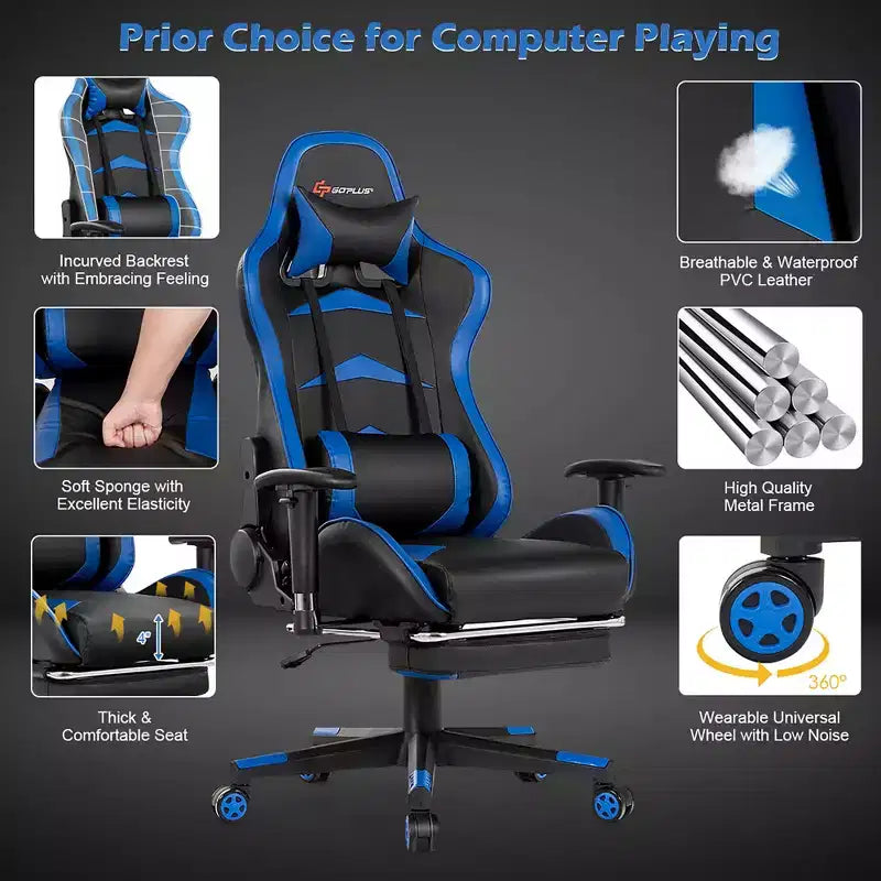 Sedia da ufficio gaming massaggiante reclinabile girevole da corsa Costway con poggiapiedi