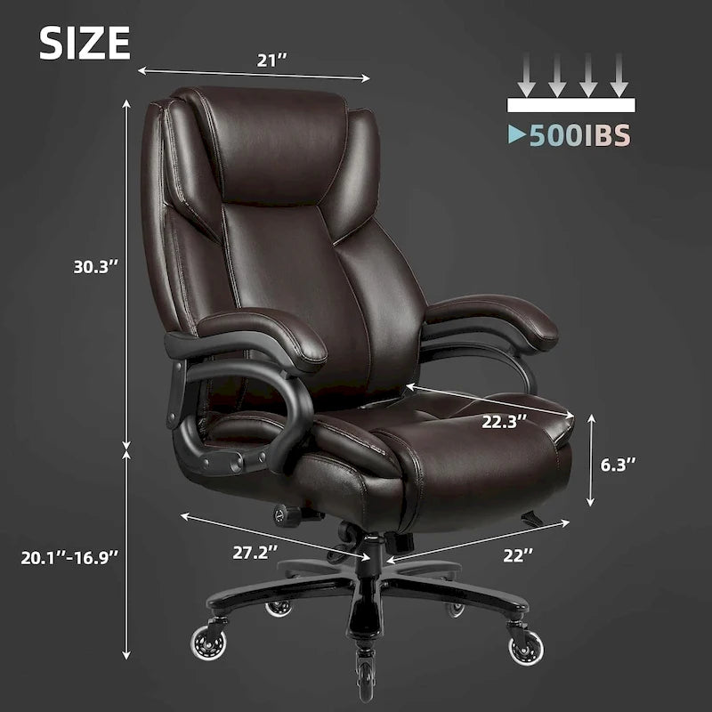 Sedia da Ufficio Direzionale Bossin Extra Large, 500 libbre, Ergonomica con Supporto Lombare Regolabile, Schienale Alto in Pelle PU, per Computer