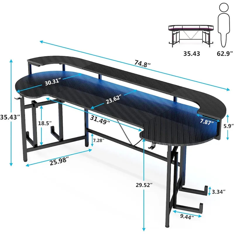 Gaming Desk with Monitor Shelf, 75 inch PC Computer Desk with LED Strip
