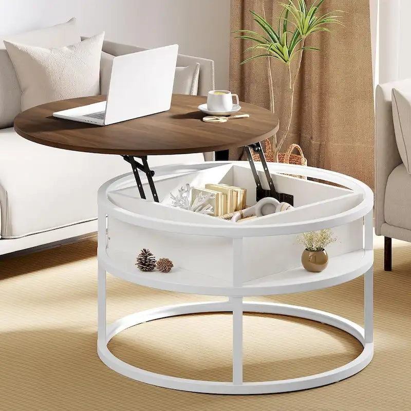 Moasis Farmhouse Lift Top Round Coffee Table with Hidden Storage and Shelf