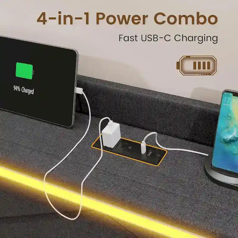 Struttura letto con luci LED per testiera e stazione di ricarica USB-C/A, 4 cassetti