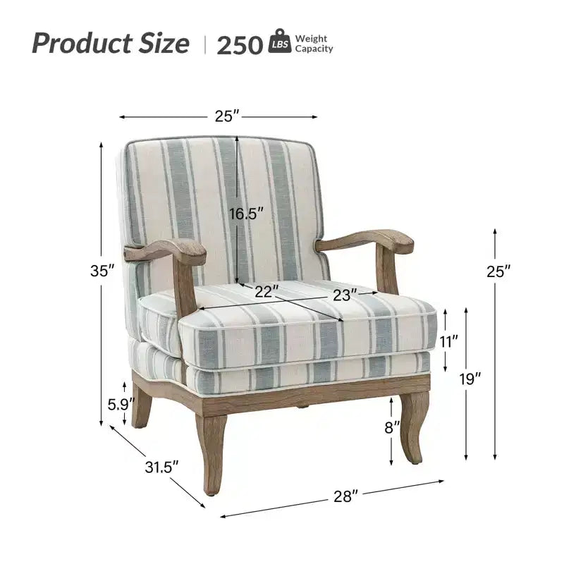 Poltrona Rinaldo a righe in stile rustico con braccioli in legno massiccio per soggiorno, salotto, camera da letto | ART OF LIVING DESIGNS