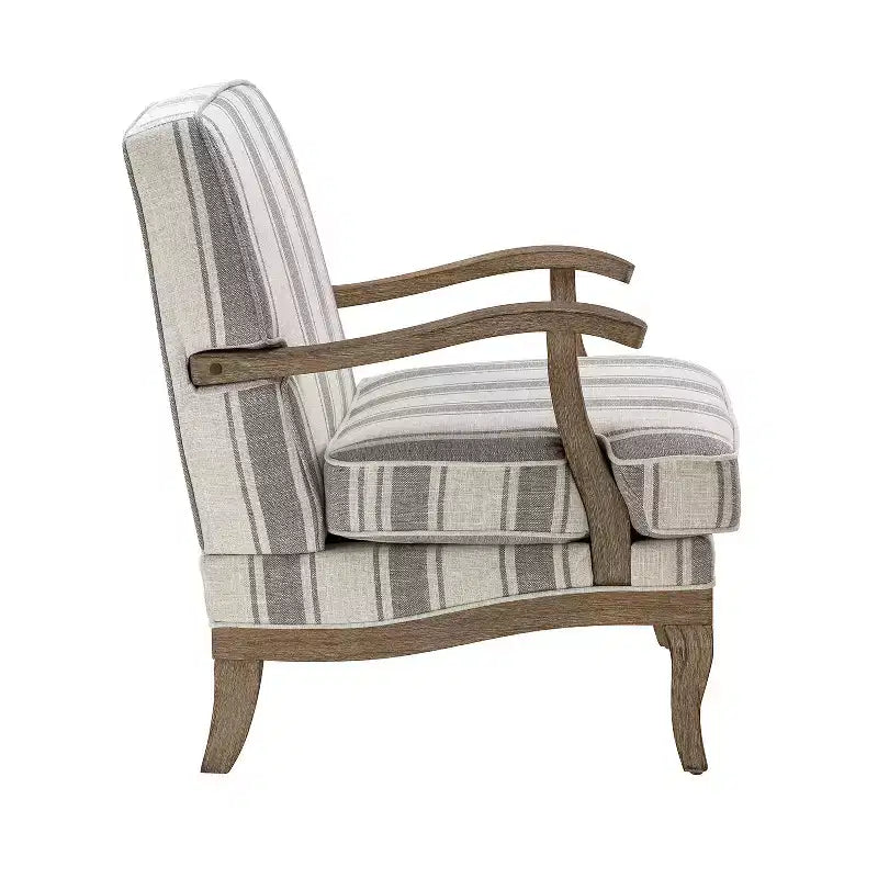 Poltrona Rinaldo a righe in stile rustico con braccioli in legno massiccio per soggiorno, salotto, camera da letto | ART OF LIVING DESIGNS
